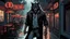 Placeholder: Werewolf with a Chinese menu in his hand, walking through the streets of Soho in the rain. There is a neon sign in the background on a restaurant that says "Lee Ho Fuk's. Illustration.