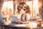 Placeholder: cute chibi light brown haired girl sitting in a dessert shop, working on a laptop, satin curtains, blur 5% in the sunshine, watercolor and black ink outlines, sparkling golden glitter, ethereal, cinematic postprocessing, bokeh, dof