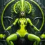 Placeholder: (design by HR Giger) sci-fi "Cyberpunk robotic" dominating gynoid medusa in splattered slime yellow leotard, queen of the jungle, on her tech throne above the swamp