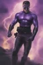 Placeholder: Kent Walker aka THE PHANTOM, Strong, athletic physique, Flexing poses, skin-tight, formfitting purple nylon and leather bodysuit, skin-tight, formfitting purple cowl, black utility belt, double holstered pistol belt, black knee-high boots, glowing white eyes, battle scars, blood, ((foggy, cloudy background, multicolored lightning, flowing lava, Full Eclipse, aliens, explosions, bright, vibrant, extremely colorful, detailed, blood red skies))