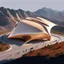 Placeholder: A cultural center and its ant shape simulating the design of Zaha Hadid, beige, with internal and external lighting, landscape, mountains, parking lots and people.