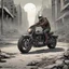 Placeholder: motorcycle, apocalyptic city background, comic book,