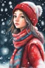 Placeholder: Painting of a cute girl in a red hat and scarf, snowfall in the background, bright night, oil pastel painting style