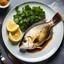 Placeholder: a fried whole (((turbot))) fish served on elegant porcelain plate with steel forks; overhead shot, UHD photo, photo-realistic, award-winning photo, extremely detailed, ultra-high quality, amazing reflections, beautiful textures, excellent shadows