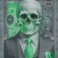 Placeholder: a head and shoulders portrait of a skeleton dressed in a three-piece suit as the president of the united states, based on us currency, united states one dollar bill, shades of green, real-life, colors match the united states one dollar bill, realistic, robotic, black and white