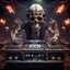 Placeholder: DJ of the damnded, insanely detailed DJ booth in hell, MID set, speakers and equipment made of bone, anatomically correct, add more skulls in th audience, photorealism, vray, 8k 3d