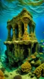 Placeholder: A golden yellow underwater reef with a submerged temple designed in Mayan architecture painted by Antoni Gaudi
