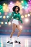 Placeholder: Influencer wearing blue-green button-up crop top, transparent floral print sleeves, white high-waist button-up shorts, sports short curly black hair with flower clips, dominates a vintage skating rink scene, surrounding bokeh lights twinkle, captivating, UHD drawing, ultra-realistic, dramatic lighting.forest Steps: 25, CFG scale: 7, width: 512, height: 768, Seed: undefined, Clip skip: 2, baseModel: SD1