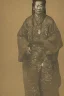 Placeholder: A man in old Japanese clothes is standing in nature while it is raining , winter rain,dramatic scene