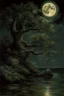 Placeholder: Night, tree leaves, moon, rocks, clouds, creepy gothic movies influence, ernest welvaert and hans am ende impressionism paintings