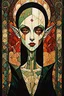 Placeholder: create an abstract, cubist, highly ethereal, darkly magical full body illustration of a deeply sorrowful, savage Nosferatu vampire girl with highly detailed and deeply cut facial features, in the style of GUSTAV KLIMT, EDWARD BURNE-JONES, WILLIAM MORRIS, and KATHE KOLLWITZ combined with the comic art style of BILL SIENKIEWICZ and JEAN GIRAUD MOEBIUS, searing lines and forceful strokes, precisely drawn, inked, and darkly colored