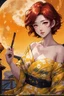 Placeholder: (Asian), short hair, fiery red hair hair, yukata, yellow clothes, 8k, best quality, winking, very dark night time, lighting from moon yellow moon, perfect, masterpiece