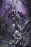 Placeholder: sylvanas windrunner carring the head of a werewolf in a night forest environment light by moonlight jim lee style