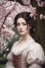 Placeholder: Beautiful Girl in the garden, 18 century, brunette, literally dark hair, dark eyes, fat, smell of sakura, rest, detailed face, england, she is staying under the tree