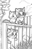 Placeholder: coloring page for kids, Cats on a fence, cartoon style, thick lines, low detail, no shading