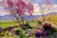 Placeholder: Sunny day, clouds, spring trees, spring influence, flowers, grass, prairie, stone walls, mountains, lesser ury impressionism paintings