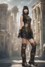 Placeholder: full-body-art of a woman with a bob with a fringe hairstyle, Cleopatra clothing, black knee-high boots, steampunk city background