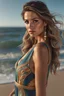 Placeholder: full body Portrait of an exotic beautiful caucasian woman wearing trendy clothing at a beach, perfect detailed face, detailed symmetric hazel eyes with circular iris, realistic, stunning realistic photograph, 3d render, octane render, intricately detailed, cinematic, trending on artstation, surfing in waving clear water, high definition, cinematic, neoprene, behance contest winner, portrait featured on unsplash, stylized digital art, smooth, ultra high definition, 8k, unreal engine 5, ultra sha