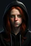 Placeholder: A woman with dark brown eyes and shoulder length red hair wearing a black hoodie. Realistic.