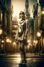 Placeholder: full body picture of a skinny woman with a bob, a fringe hairstyle, 1920s flapper clothing, futuristic steampunk city background