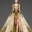 Placeholder: stunning couture gown designed by Marchesa inspired by fairies, realistic epic elegant fantasy colors in gold and black and red,decorated with precious stones, detailed, high quality, intricate, fantasyland background,