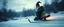 Placeholder: gnome hit man with rocket boots in suit on a mech sled in winter wasteland, style of fallout 4, high speed with motion blur, on elevated road