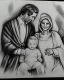 Placeholder: Prince Charles and Dianna in a nativity scene pencil and charcoal sketch. With Santa