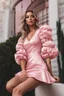 Placeholder: full-body photorealistic girl wearing a pink puff sleeves mini dress, photoreal, realistic, aesthetic nail art