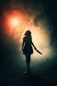 Placeholder: realistic scene surrealis horror, silhouette girl from back holding a bloody machette walking in the jungle path, bold mist, fog, cinematic, dramatic lighting