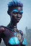 Placeholder: portrait,beautiful african robotic sirene, post-apocalyptic in a cyberpunk city, realistic, intriacte detail, sci-fi fantasy style, volumetric lighting, particales,highly detailed,cinematic, deep blue.