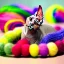 Placeholder: sphynx cats playing with coloured balls of yarn in the style of Dick Bruna