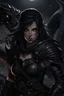 Placeholder: A warrior with wavy hair, her hypnotic eyes piercing the darkness, her black armor shining in the moonlight, a black dragon appearing behind her, ready to attack.
