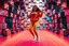 Placeholder: beautiful lady with todays modern clothing and sport shoes, in surreal stage made of fractal random size recursive objects with helical strip colors in clothing similar to environment full body dancing to camera,animating background metallic random color cubes