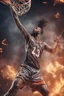 Placeholder: 8k, highly realistic and detailed image of a NBA basketball player in action dunking the ball in the net, sweaty hair, screaming look,action and smoke and flames background