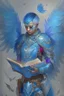 Placeholder: a person in runic armor with blue wings, blue short hair and spell book