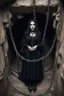 Placeholder: Closeup tall Girl goth with big eyes, fullbody, holding long chains, ragged and old clothes, the perspective looking up from the bottom of an empty well ,8k,macro photography,