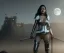 Placeholder: Rita ora, realism, knight armor, long curly black hair, choker, holding sword, hands castle, moonlight