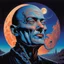 Placeholder: Profound portrait of a big-headed strange man who pulls a surreal zipper on the side of his face to peel the skin back revealing a moon underneath, nighttime background with a moon in the sky, surreal horror art, by Dali and Michael Whelan and Hiroya Oku, reactive UV blacklight colors, expansive background, palpable textures, Whelan's distinctive visceral style and detailed line work, rich sharp colors.