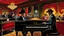 Placeholder: in a 1960s American jazz pub a man in hat and dark suit playing the piano in the foreground , next to the piano singing a beautiful elegantly woman in a red dress . The atmosphere is warm happy and intimate, with soft, golden lights casting a glow over the wooden tables and chairs. Guests in retro attire enjoy their drinks and cigarette smoke gently swirls in the air. The intricate details and sharp focus , photorealistic