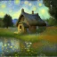 Placeholder: cottage , in the fields, Lake, airbrush, flowers by Van Gogh