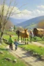 Placeholder: Spring in skåbu, sun, children walking in mountains, horse, broken old tractor, prize winning oil painting