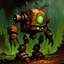 Placeholder: 90's fantasy tcg art of rusted post apocalyptic robot in toxic ooze