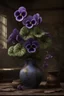 Placeholder: Small vase housing a collection of oversized violets, each pedal flawlessly captured despite the subtly imperfect vase, set against the backdrop of a decaying hut, conjuring a dreamy yet humble atmosphere, encaustic art style, with a focus on the wonders of imperfection, fine details elevated to masterpiece status as seen trending on ArtStation, captured in 8k resolution, the realism and vivid colors brought to life with UHD drawing techniques, inked meticulously, the composition