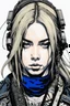 Placeholder: Billie Eilish as a goth punk mercenary huge girl, illustration by Yoji Shinkawa and Katsushika Hokusai, finely detailed facial features, finely drawn and inked, 4k, symmetric, hyperdetailed , obsidian and metallic blue tones