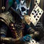 Placeholder: harlequin character, playing cards with other people , sf, intricate artwork masterpiece, ominous, matte painting movie poster, golden ratio, trending on cgsociety, intricate, epic, trending on artstation, by artgerm, h. r. giger and beksinski, highly detailed, vibrant, production cinematic character render, ultra high quality model Modifiers: highly detailed fantasy 8k portrait beautiful dynamic lighting hyperrealistic ultra detailed Unreal Engine colourful hdr cinematic postprocessing acrylic