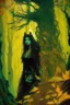 Placeholder: In the heart of a dense and enigmatic forest with towering ancient trees cloaked in emerald, yellow and amber foliage stands an ethereal beauty, her face is perfect, her lustrous hair cascading in ebony waves down to her slender waist she is slowly turning into a tree herself in the background just the crimson eyes of a large demonic dog are visible