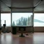 Placeholder: A Hasselblad H6D-400c photo of an odd room with structures and a large computer screen. A transparent tarpaulin covers an image resembling a ruined building. There is a group of fir trees in the background and a high hill in the distance. The surface below is in a pastel color. Fog is present.