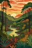 Placeholder: paisaje frondoso con barrancas y río, atardecer y vegetación se reflejan en el tio al estilo frida kahlo