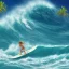 Placeholder: 1980's aesthetic vaporwave surf board on waves with palm trees