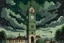 Placeholder: An olive green clock tower in a thunderstorm designed in African masks painted by Alfred Sisley